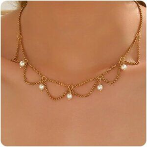 🆕 Women Gold Bow Pearl Choker Necklace Dainty Fruit Charms Cherry Cuban Jewelry